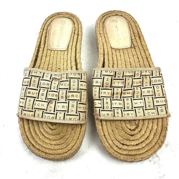 Tory Burch Ribbon Espadrille Slides 7.5 Tan Slip On Shoes Discount In Listing - Picture 2 of 10